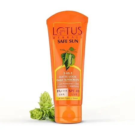 Lotus Herbals Safe Sun 3-In-1 SPF 40 sunscreen| 100g | Matte Finish | Non greasy | Suitable For All Skin Types | 100g